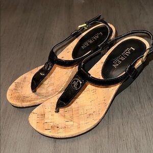 Ralph Lauren Black and Cork Wedged Sandals SZ 7.5